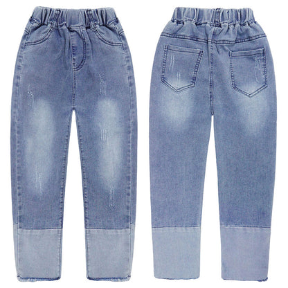 Girl Jeans,Elastic Elastic Waist Patchwok Raw Edge Denim Pants