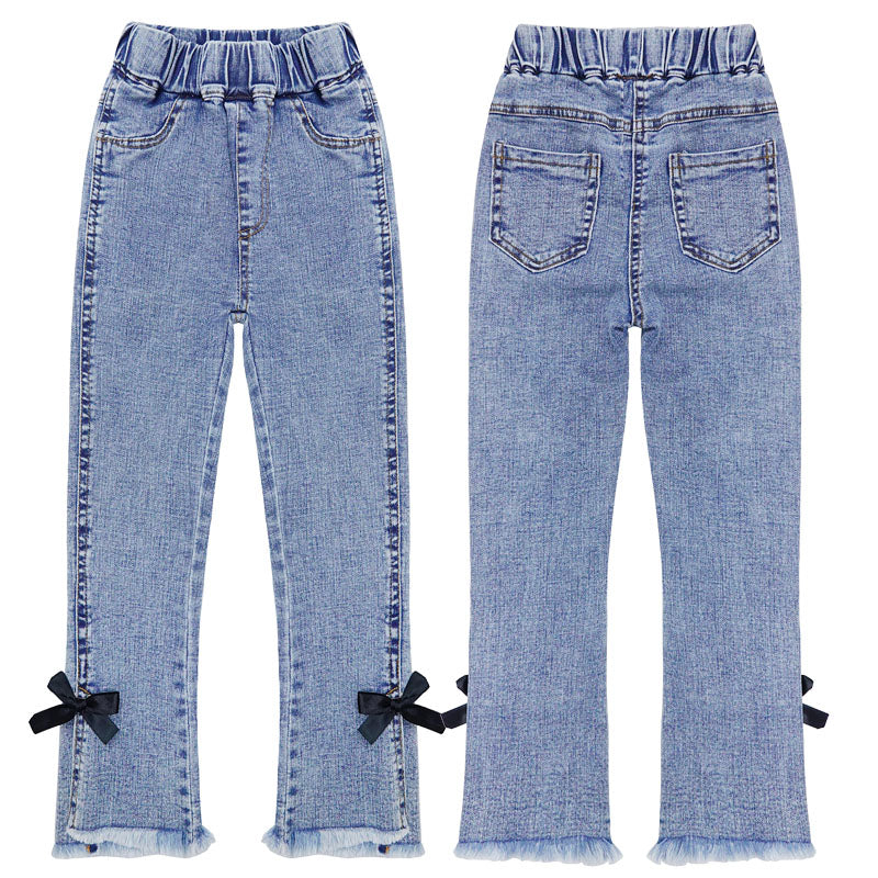 Girl Jeans,Raw Edge Ankle Hem Bowknot Decor Denim Pants