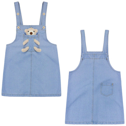 Girls Denim Overalls Dress,Cute Bear Simple Design Summer Colored Jumpsuit Dress and Set