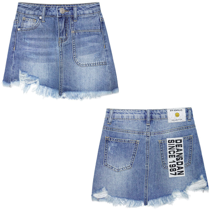 Girls Denim Dress,Cute Rippe Frayed Raw Hem Simple Design Summer Short Skirts
