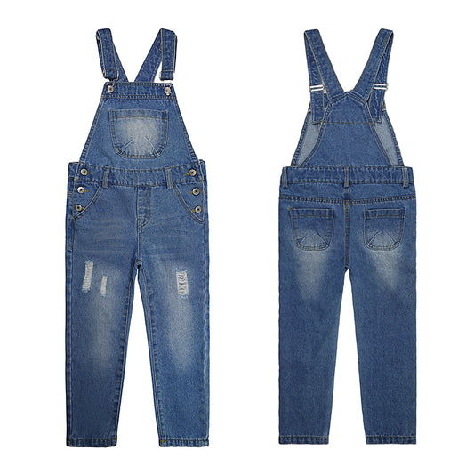 Girls Ripped Denim Overalls 3 Buttons Ripped Elastic Band Inside Jeans Jumpsuit