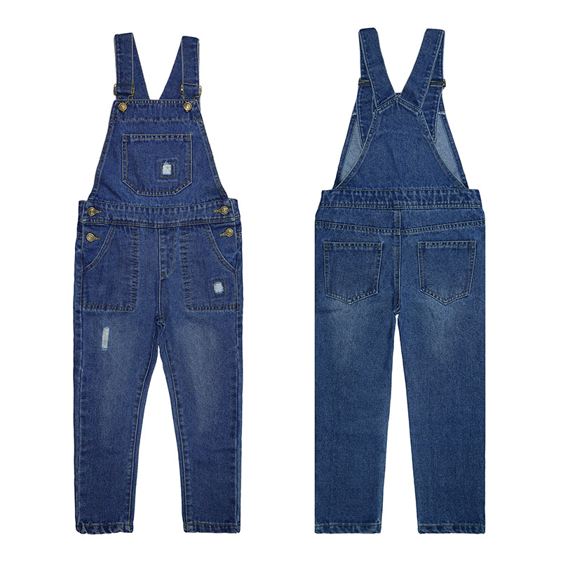 Boys Denim Overalls Ripped Holes Elastic Band Inside Jeans Workwear