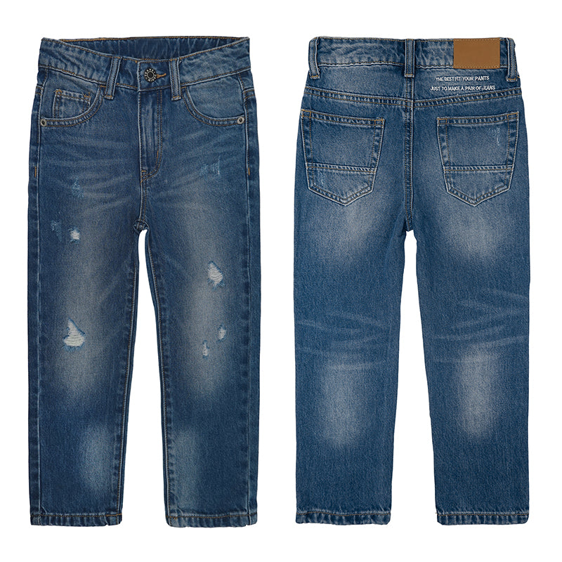 Boys Jeans Elastic Band Inside Ripped Straight Line Denim Pants