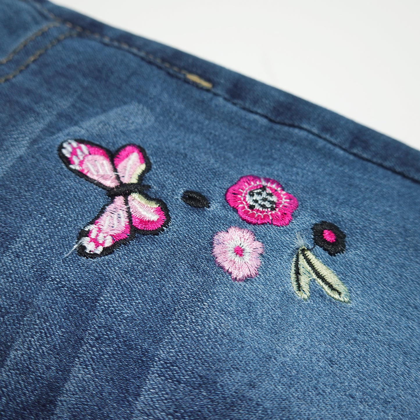 Little Girls Elastic Band Embroidered Butterfly Soft Denim Slim Pants Jeans