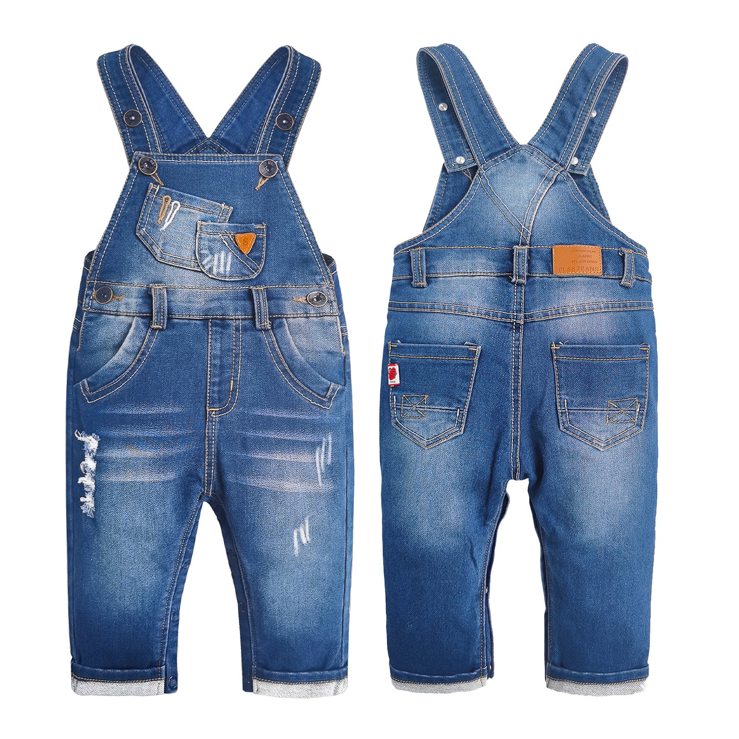 Pure Cotton Ripped 2 Pockets Bibs Jeans Overalls