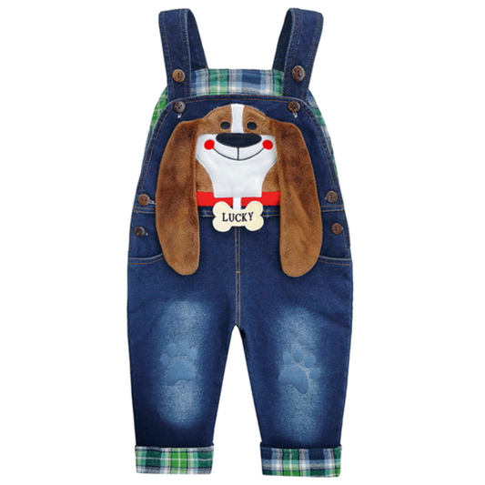 Toddler 3D Cute Cartoon Dog Plaid Liner Overall Jeans