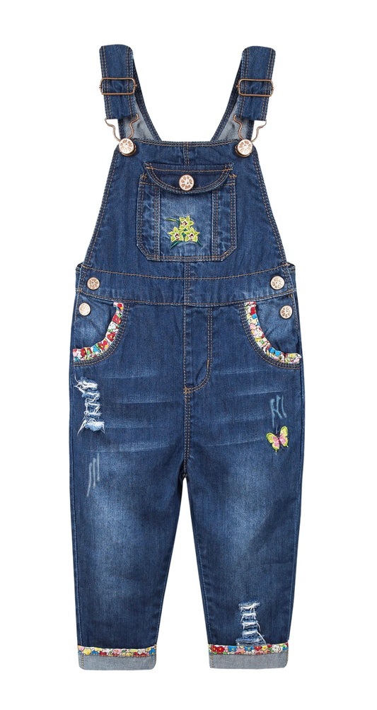 Girls Big Pocket Embroidered Ripped Denim Overalls