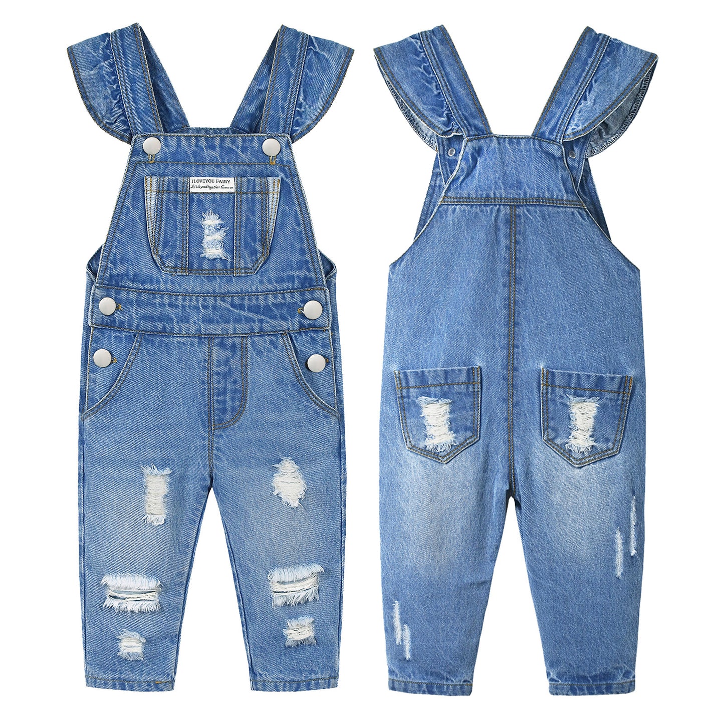 Baby Big Front Pocket Ripped Ruffled Jeans Overalls