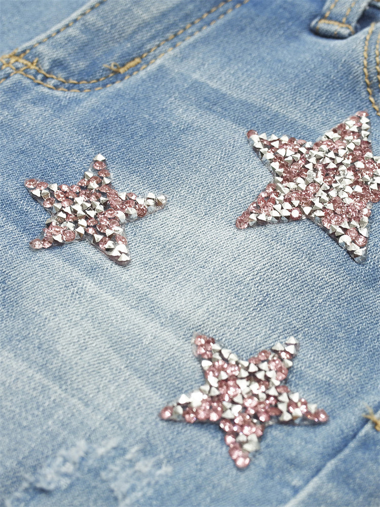Girls Slim Ripped Holes Pink Sequin Stars Fashion Jeans