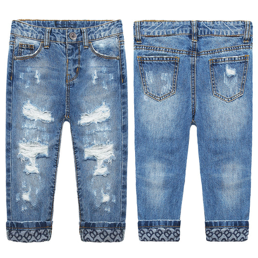 Baby Elastic Inside Ripped Jeans,Little Toddler Kids Distressed Denim Pants