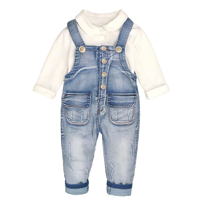 Toddler Washed White Polo Pocketed Overalls Set