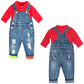 Twin Colors Cuffed Ripped Overalls & Bear Shirt Set