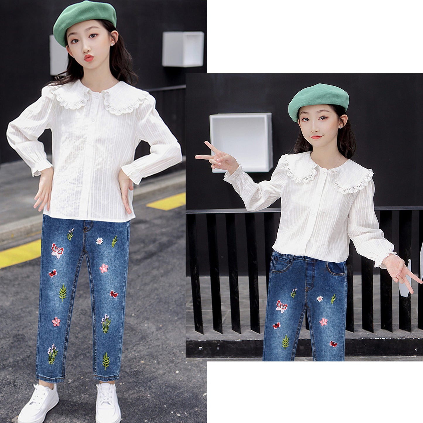 Girls Knitted Pullover Shirt Embroidery Jeans Pants Set