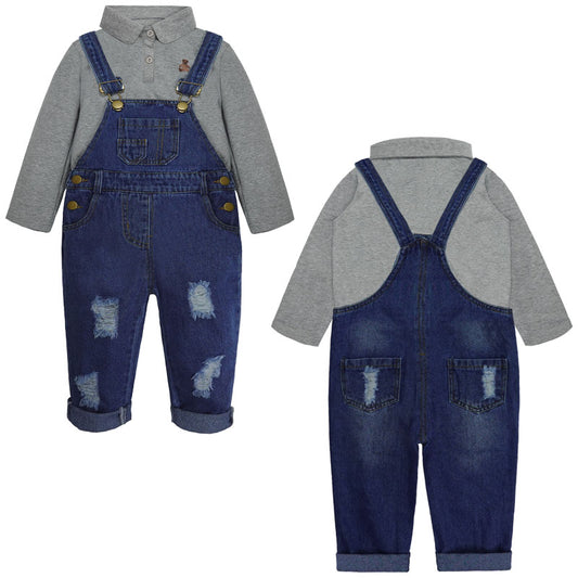 Toddler Baby Ripped Grey Polo Overalls Set